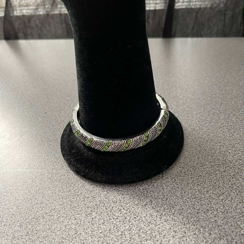 Silver Toned & Green Rhinestone Metal Bracelet